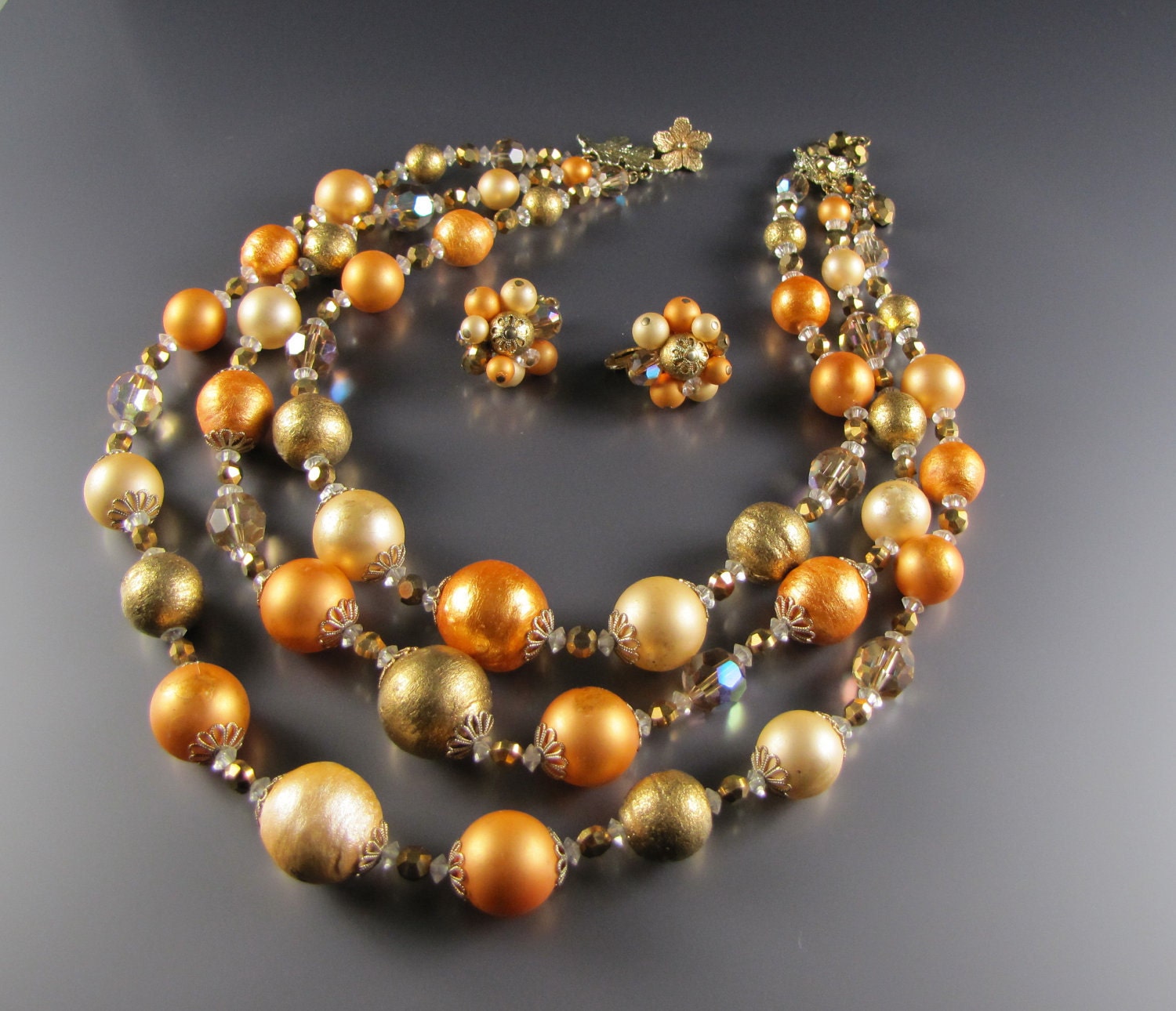 1960's Vendome Crystal Papier Mache Bead Necklace Earring Set
