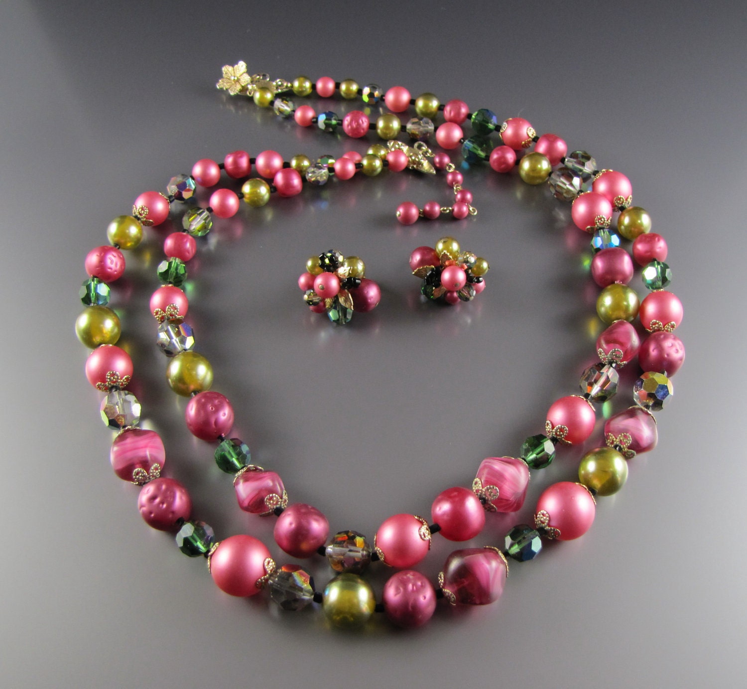 1960's Vendome Crystal Textured Bead Necklace Earring Set