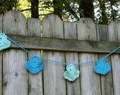 Angel garland crochet in teal blue, aqua green and white. 50 inches long custom sizes and colors available