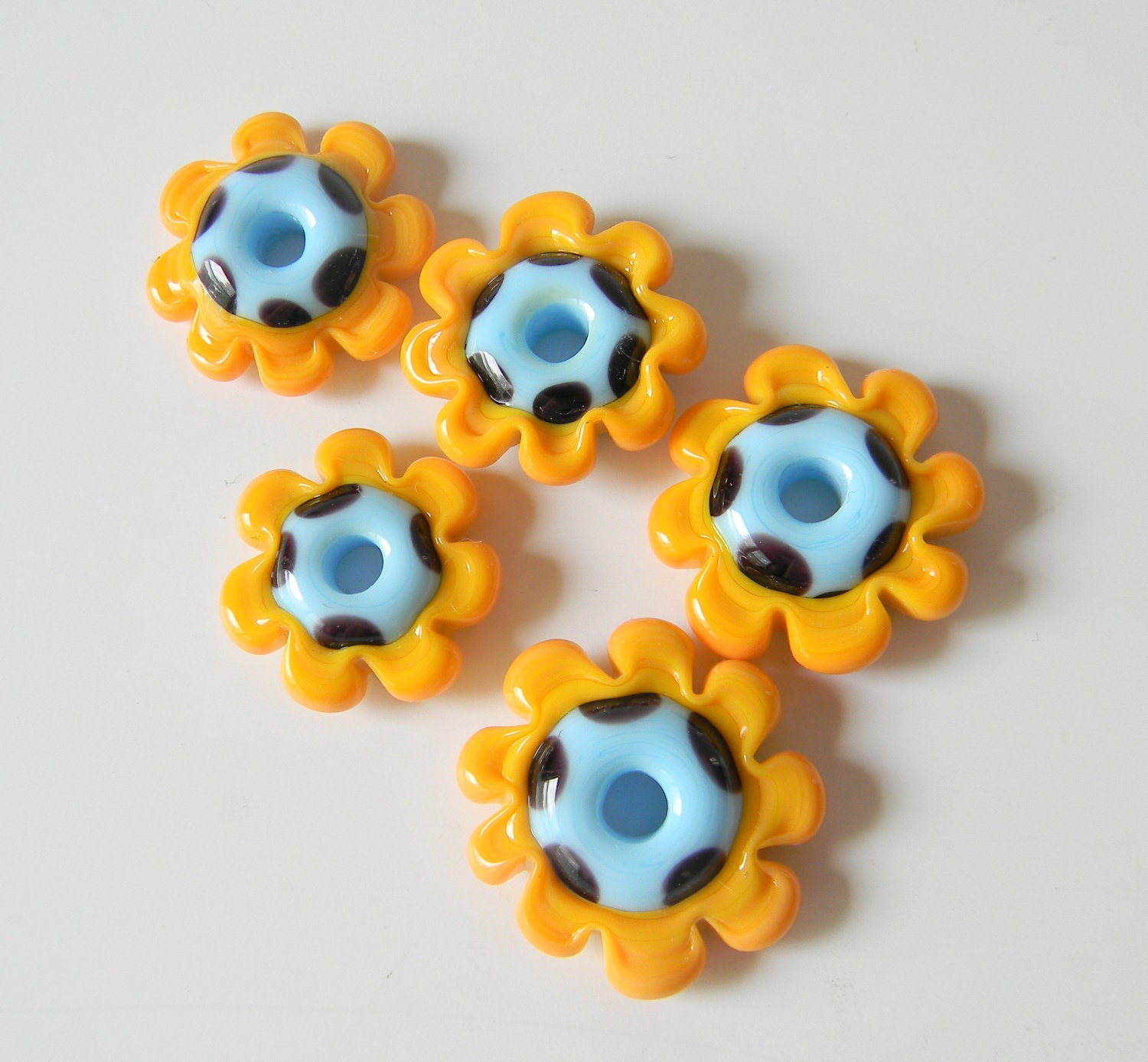 Lampwork Beads Set of 5 Flower Discs (Made To Order) (Yellow Pastel, Sky Blue and Black)