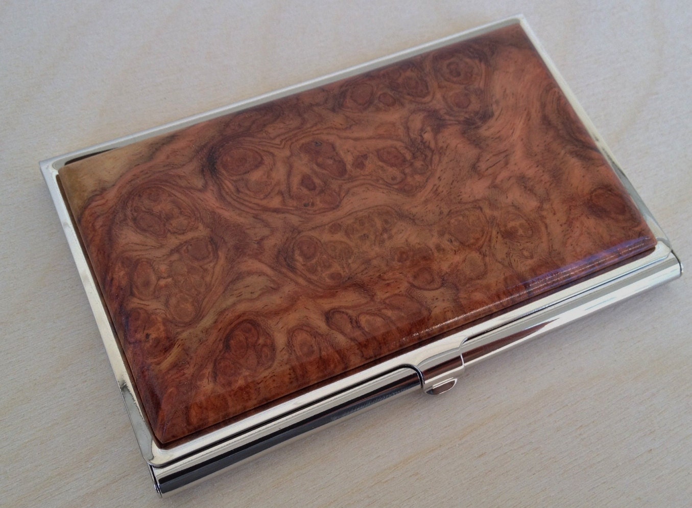 Handcrafted 2 Tone AMBOYNA Burl Wood Business Card Case ID/Card Holder - FREE Engraving
