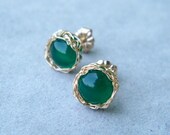 Green Emerald Earrings, Green Onyx Earrings, Crochet Gold Filled Wire Studs, May Birthstone Gift, Emerald Jewelry