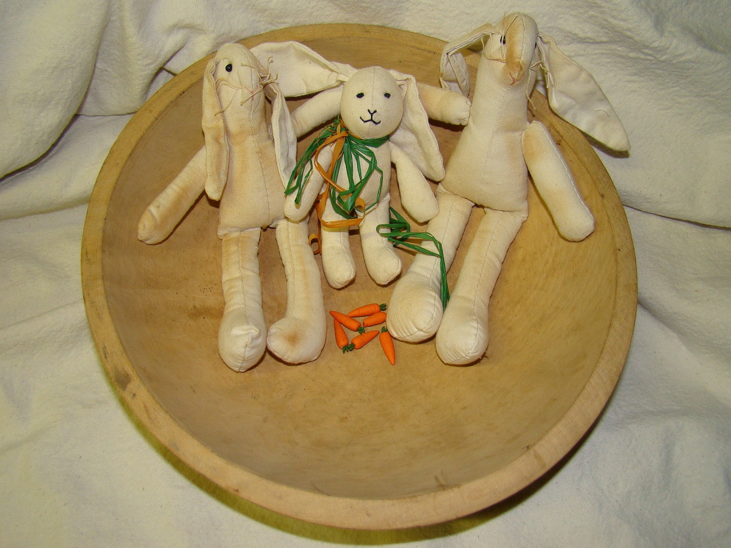 3 mini muslin rabbits, mini, tea stained, with miniature carrots