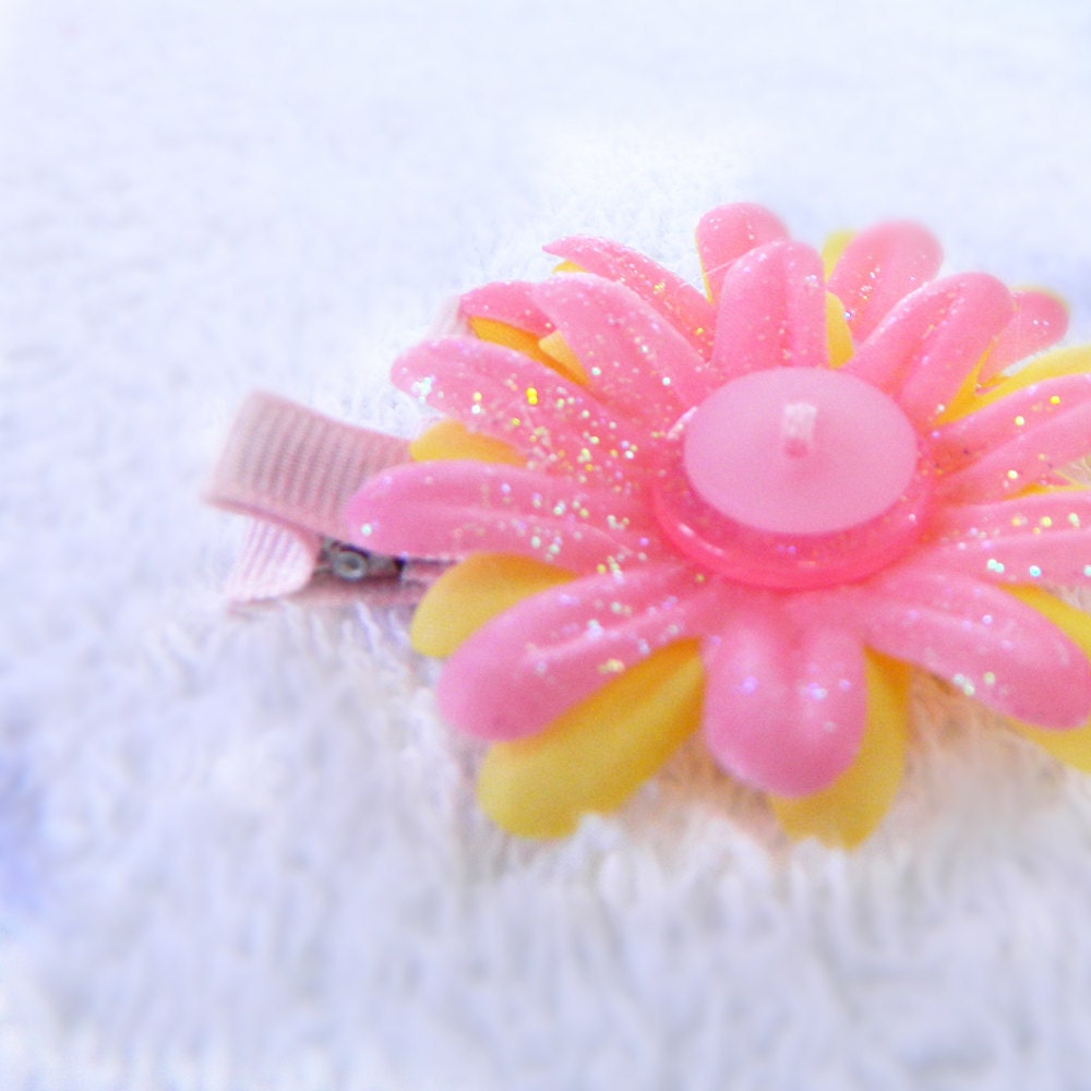 Flower Hair Clips - Pink & Yellow Glitter Button - set of 2