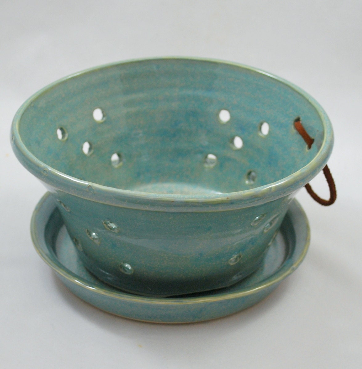 Aqua Green Ceramic Berry Bowl or Colander Stoneware Clay