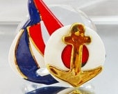 Vintage Sailboat Brooch Red, White, Navy Blue Gold Anchor. Porcelain. Sailor. Nautical.
