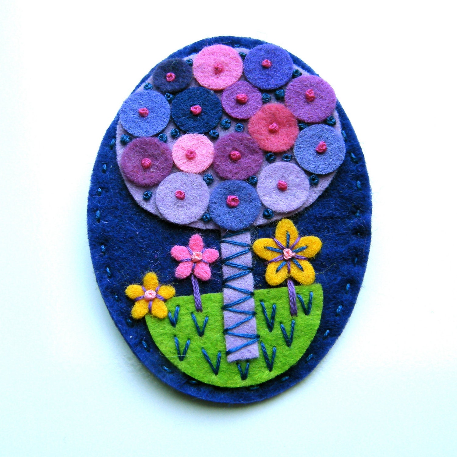 Tree felt brooch with freeform embroidery