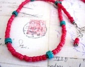 Red Coral and Turquoise Necklace with Sterling, Handmade Gemstone Beaded