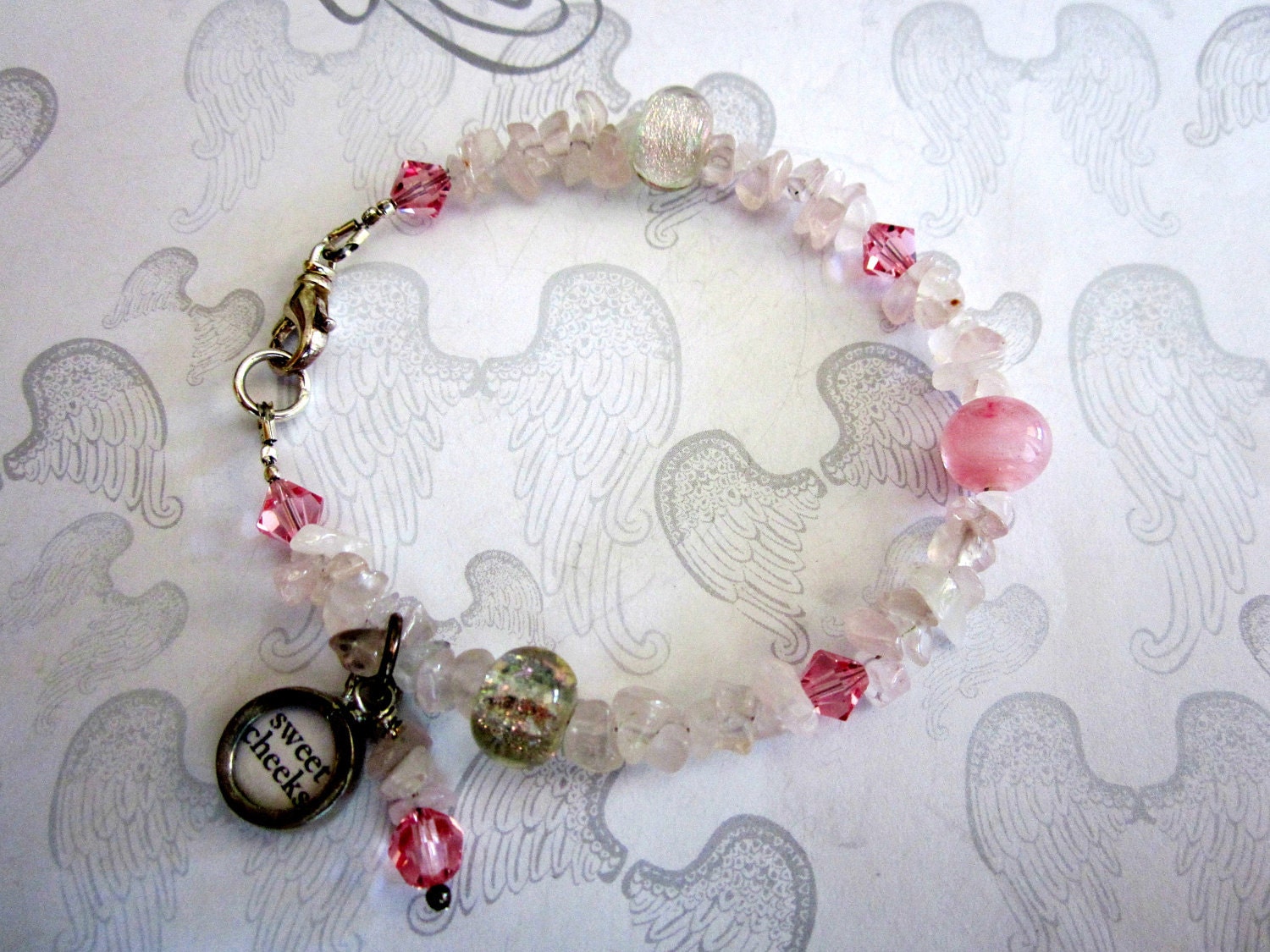 Rose Quartz Bracelet,  Dichroic Glass Beads, Word Charm