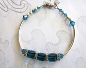 Sterling Tube Bracelet with Deep Aqua Crystal, Handmade