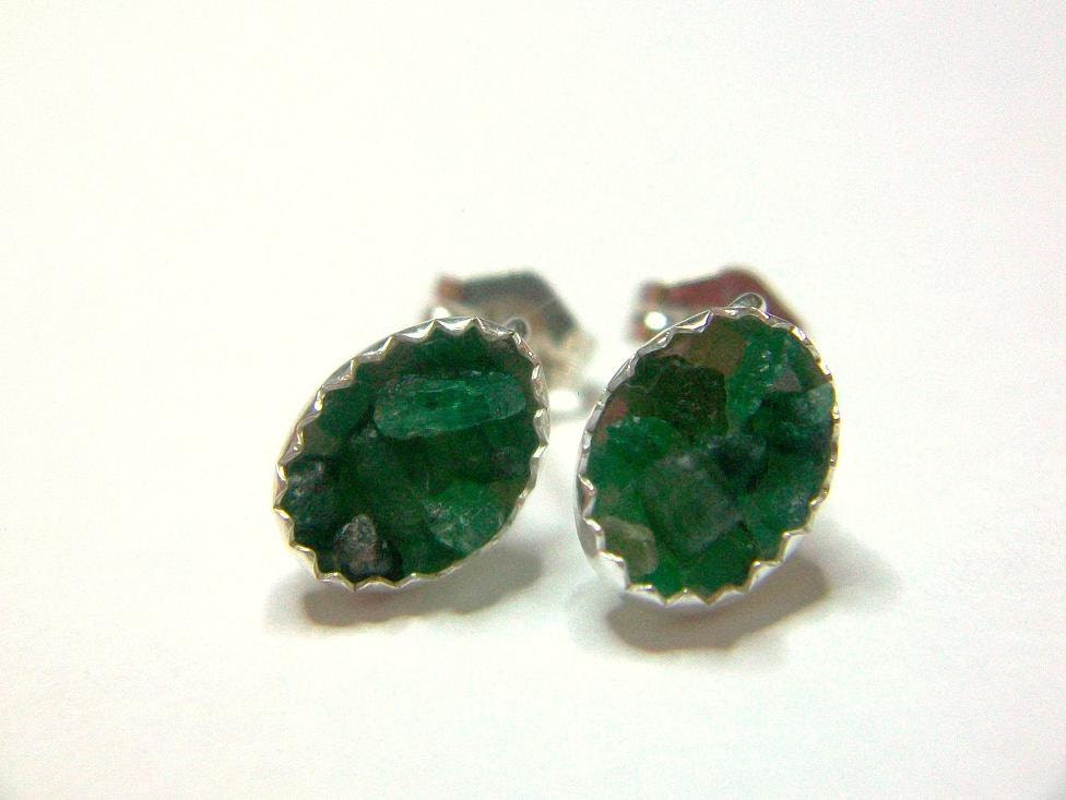 Rough Emerald Stud Earrings Sterling Magic Green Garden