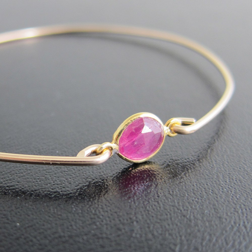 Pink Sapphire Bracelet - 14k Gold Filled Bangle - Genuine Gemstone, Sapphire Jewelry - Thin, Faceted Sapphire Bangle