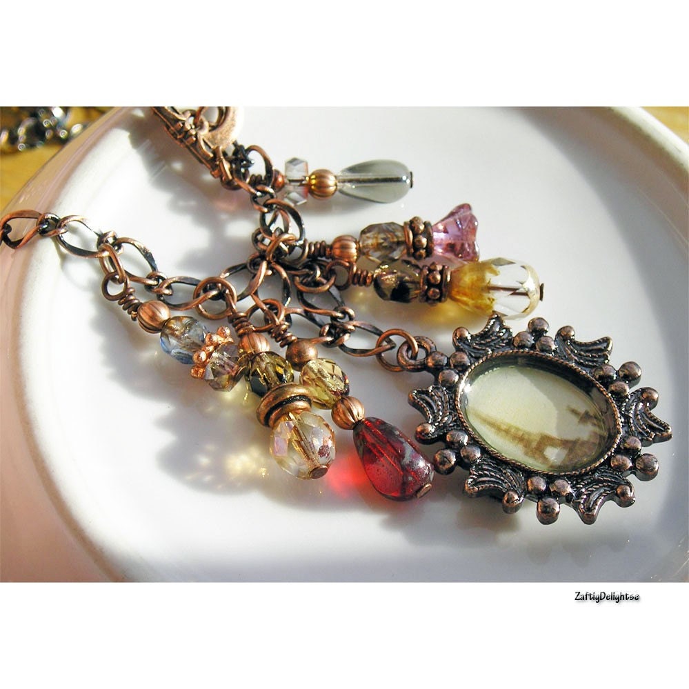 Charm Necklace Altered Art, April in Paris, Eiffel Tower, Swarovcki Crystals Antique Copper Czech Glass