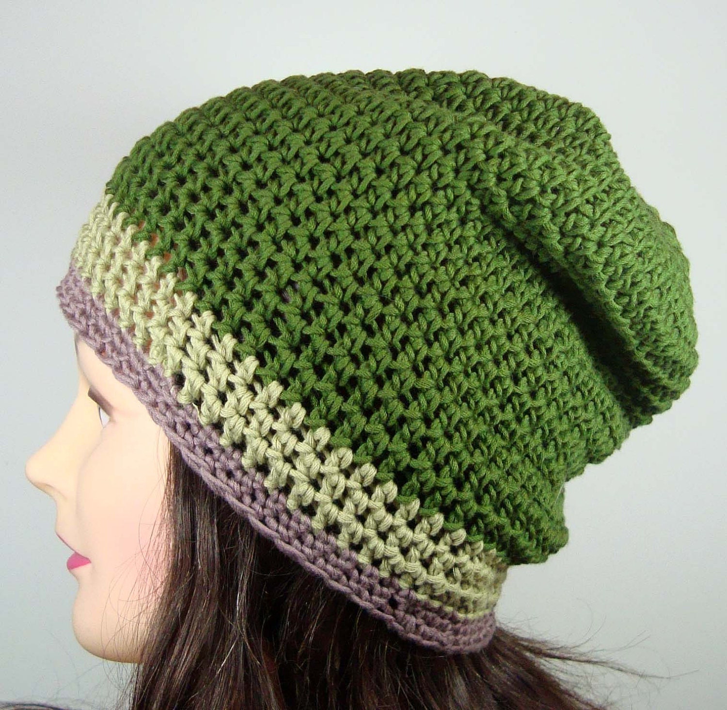 Organic Cotton Slouch Beanie Hat in Grass Green, Mauve, Sage