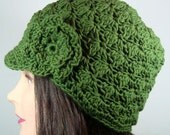 Organic Cotton Visor Beanie Hat in Grass Green, Textured, Flower