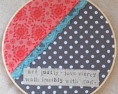 8 inch "love mercy" hoop art in coral and gray polka dot with turquoise lace. perfect for a girls' nursery or bedroom.