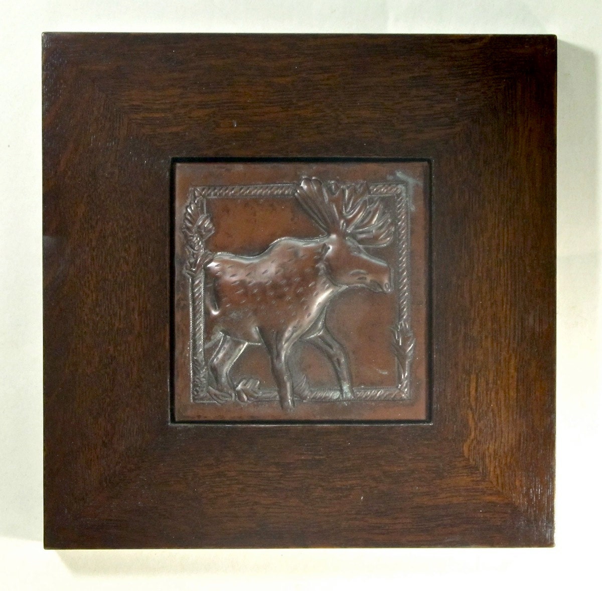 Framed Arts and Crafts Moose Hammered Copper Tile
