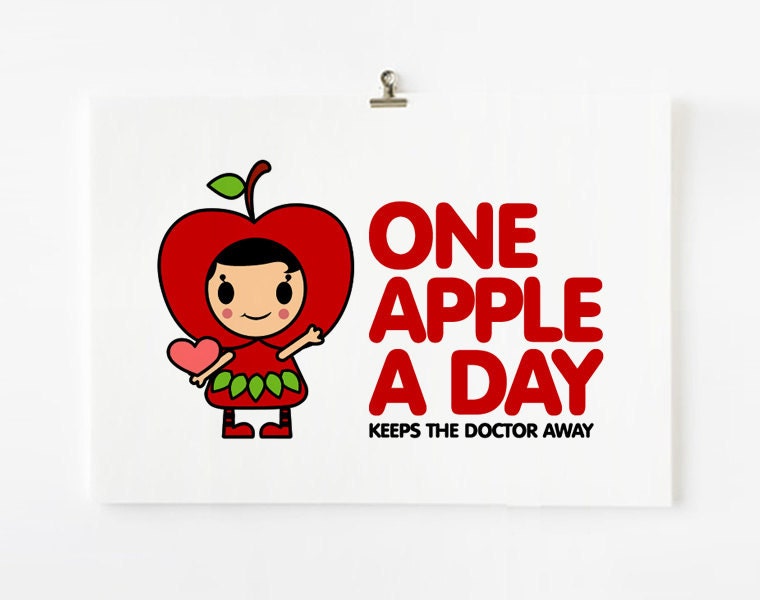 Kitchen art poster, Children Decor, One apple a day keeps the doctor away 8 x 10 art print