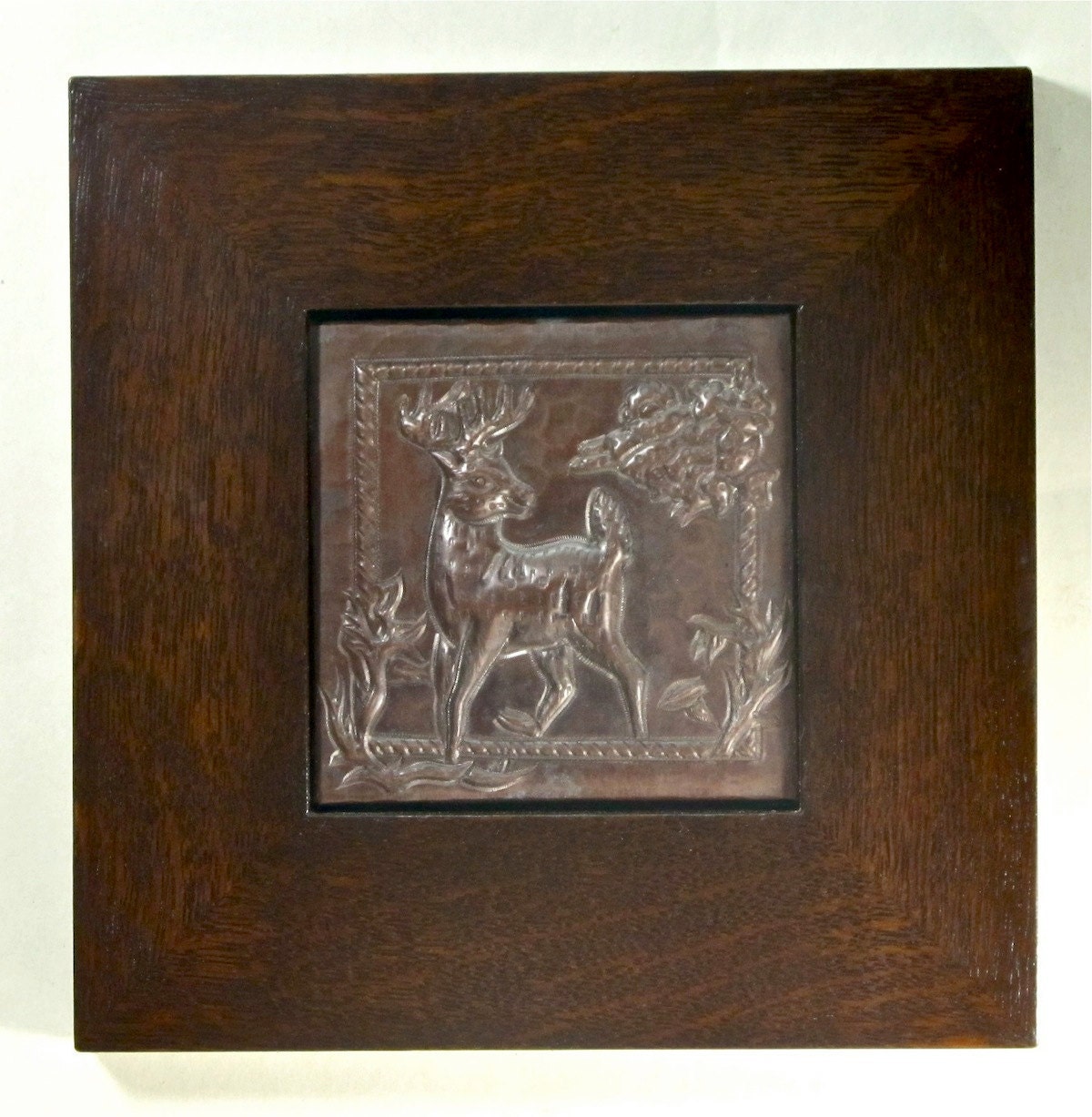 Framed Arts and Crafts Buck Deer Hammered Copper Tile