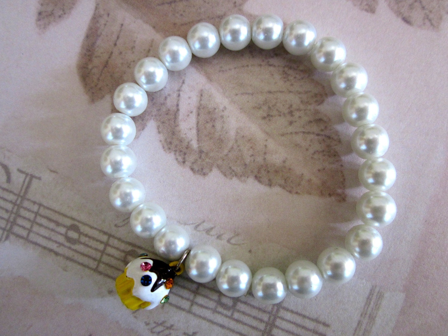 White Pearl Bracelet with Cupcake Charm, Handmade Beaded