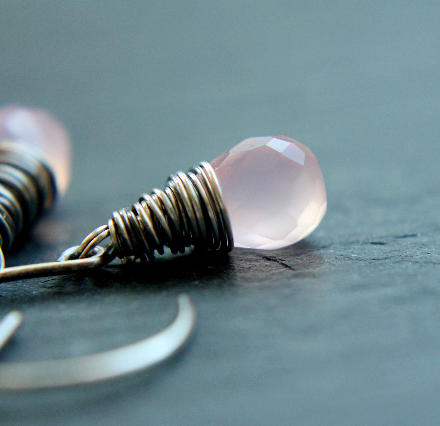 Drop  Earrings  - Oxidized Silver,  Chalcedony Earrings,  Pink, Handmade Jewelry, Wire Wrapped, Gemstone Earrings
