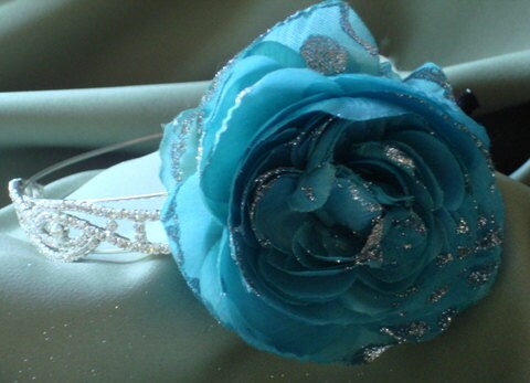 Hair bridal accessories, Bridal Party Headpiece, Turquoise Flower with silver glitter on Rhinestone Headband