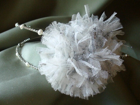 Hair bridal accessories, Bridal Headpiece, Bridal Party Headpiece, White tulle Flower with silver glitter on Rhinestone and Pearl Headband