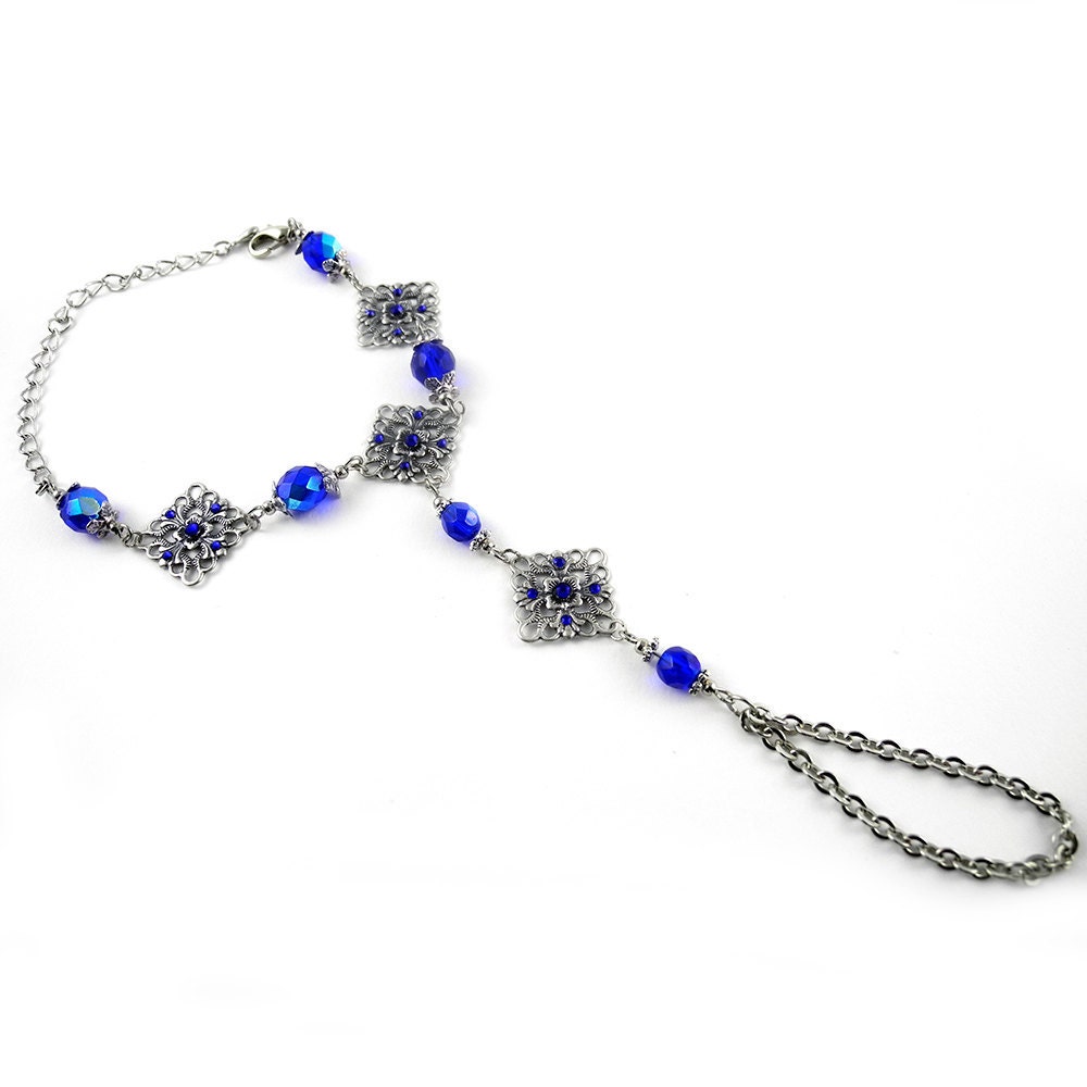 Handflower or Slave Bracelet - Antique Silver & Cobalt AB - Sky Huntress - Dragon Queen Collection
