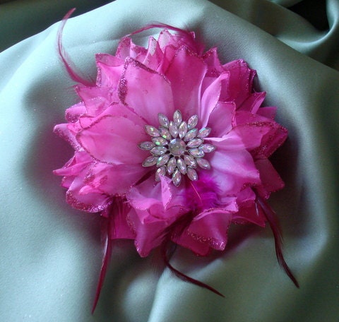 Hair bridal accessories, Bridal Party Headpiece, 5"  pink organza flower with feathers and large crystal brooch cliph