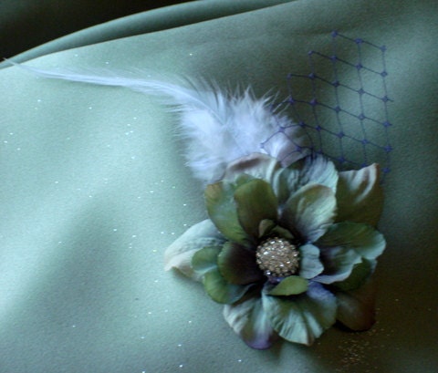 Hair bridal accessories, Bridal Party Headpiece, 2" silk  dahlia  with feathers and crystal center
