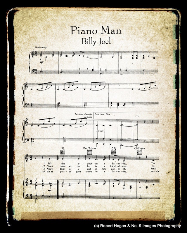 Piano Man Sheet Music and Lyrics - Bill Joel - Music Art Print 16x20 - Gift Idea