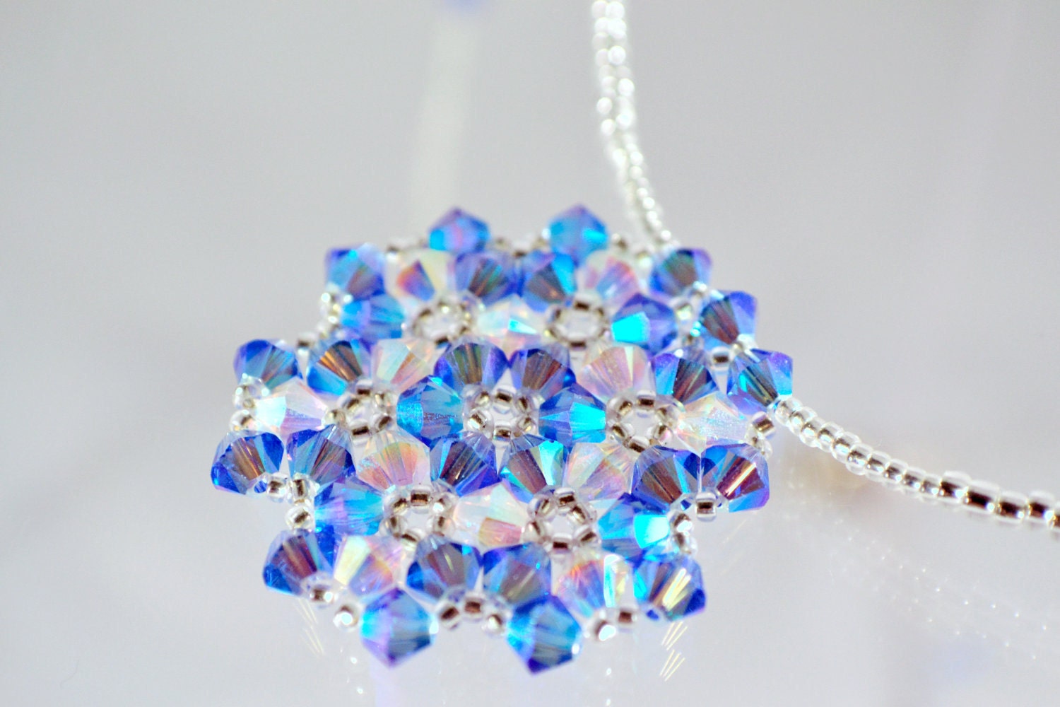 Swarovski Crystal Snowflake Necklace in Sapphire and Sand Opal - earringznthingz4u