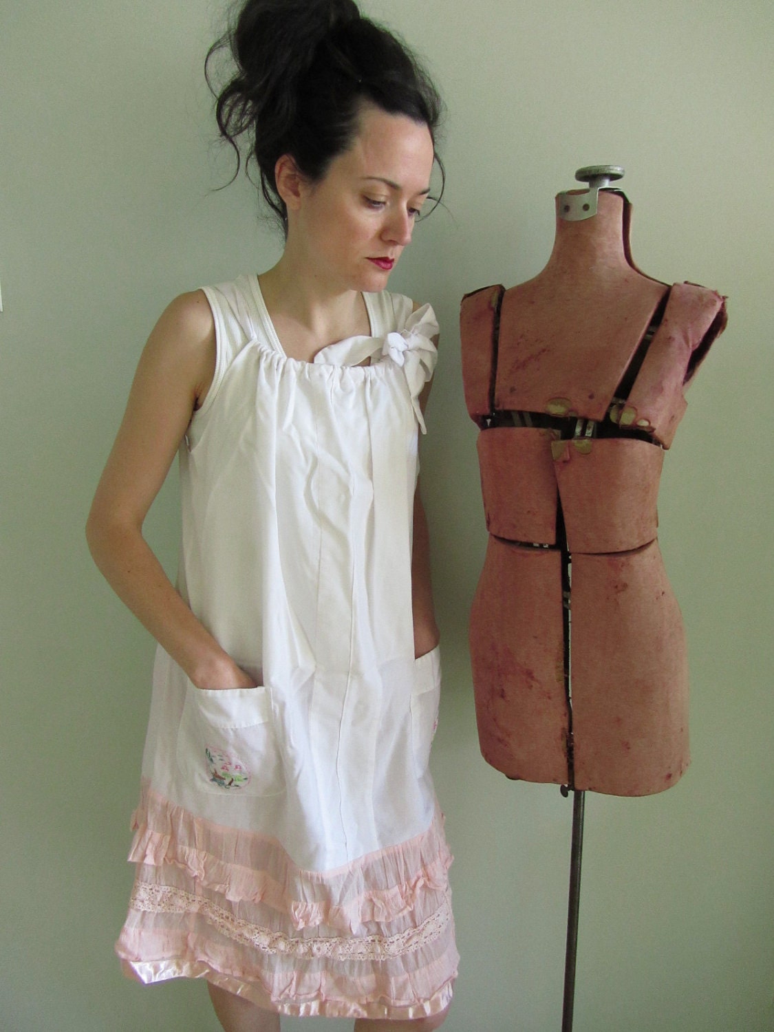 Upcycled Clothing - Embroidered Chinese Motif White Tank Dress with Coordinating Pink Ruffle Scarflette - Womens Upcycled Clothing