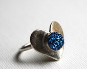 Sterling Silver Heart Ring with Blue Drusy Stone- Handmade by Rachel Pfeffer