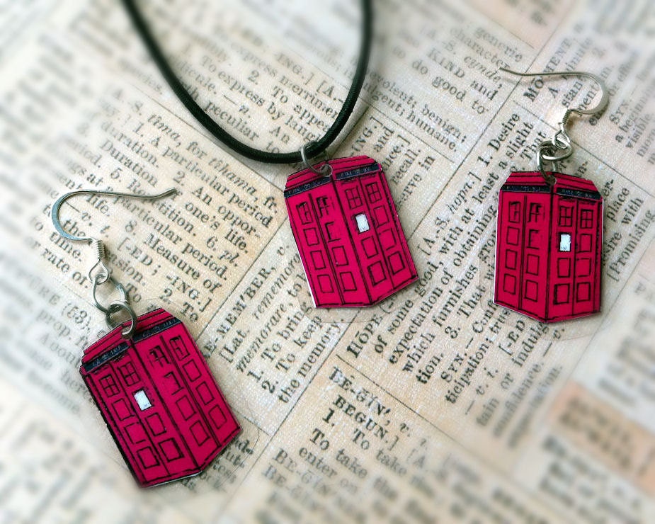 Dr Who Inspired Hot Pink TARDIS Earrings & Necklace, Original Police Box Design by Bohemian Bear
