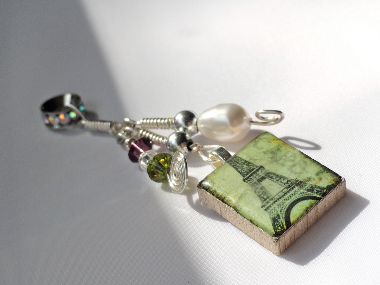 I Love Paris Eiffel Tower Scrabble Tile Pendant with Green and Purple Swarovski Crystals