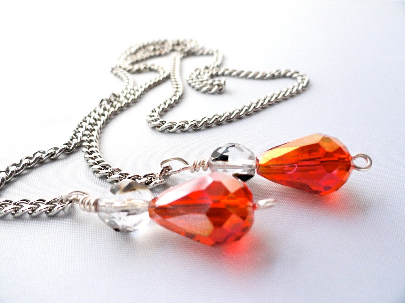 ON SALE - Flame Red Orange Czech Crystal Lariat Chain Necklace