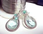 Iced Aqua Seafoam Crystals in Coiled Frame SIlver Earrings