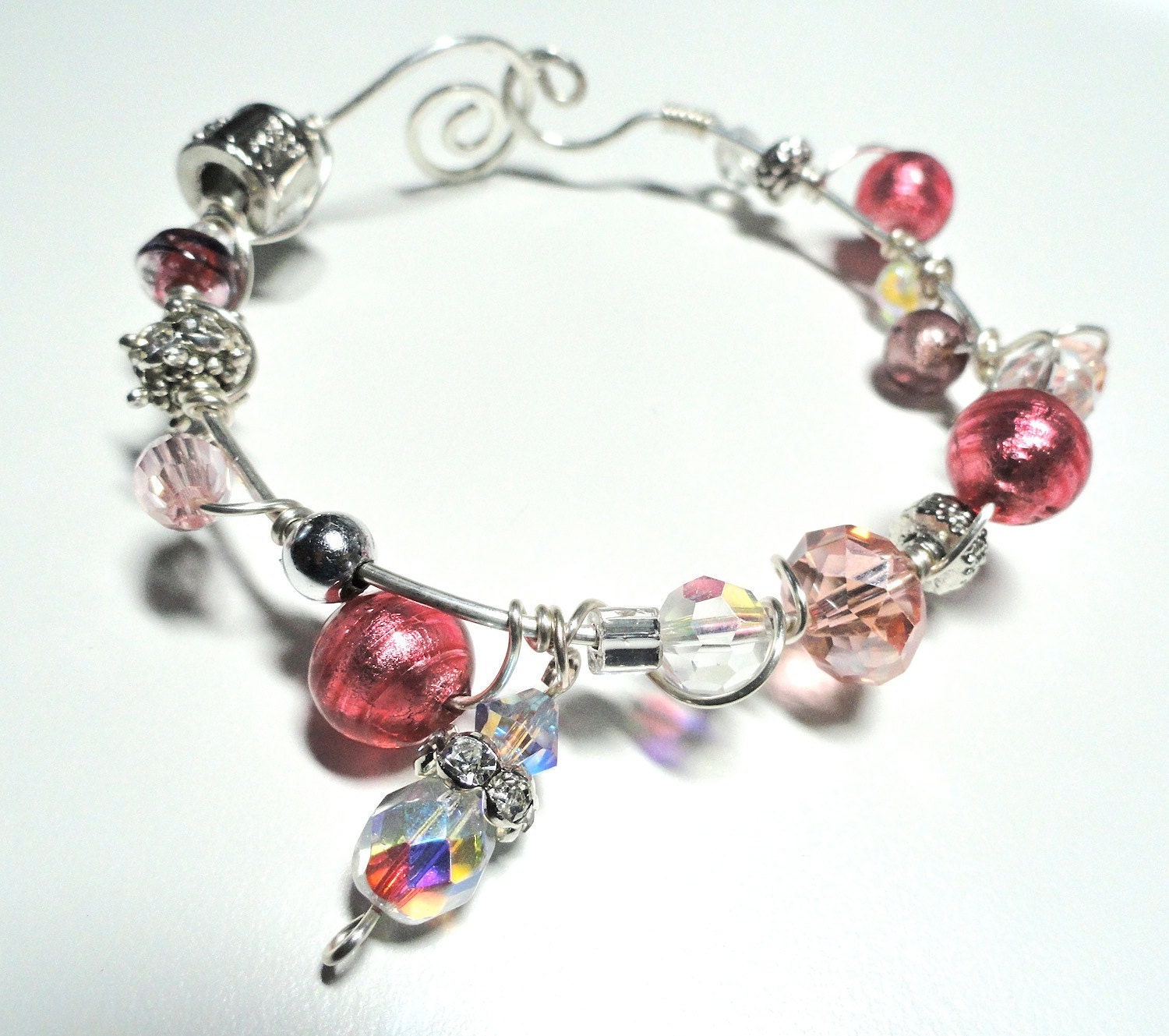 Falling Roses Honeysuckle Pink Crystal & Beads Wire Wrapped Bracelet