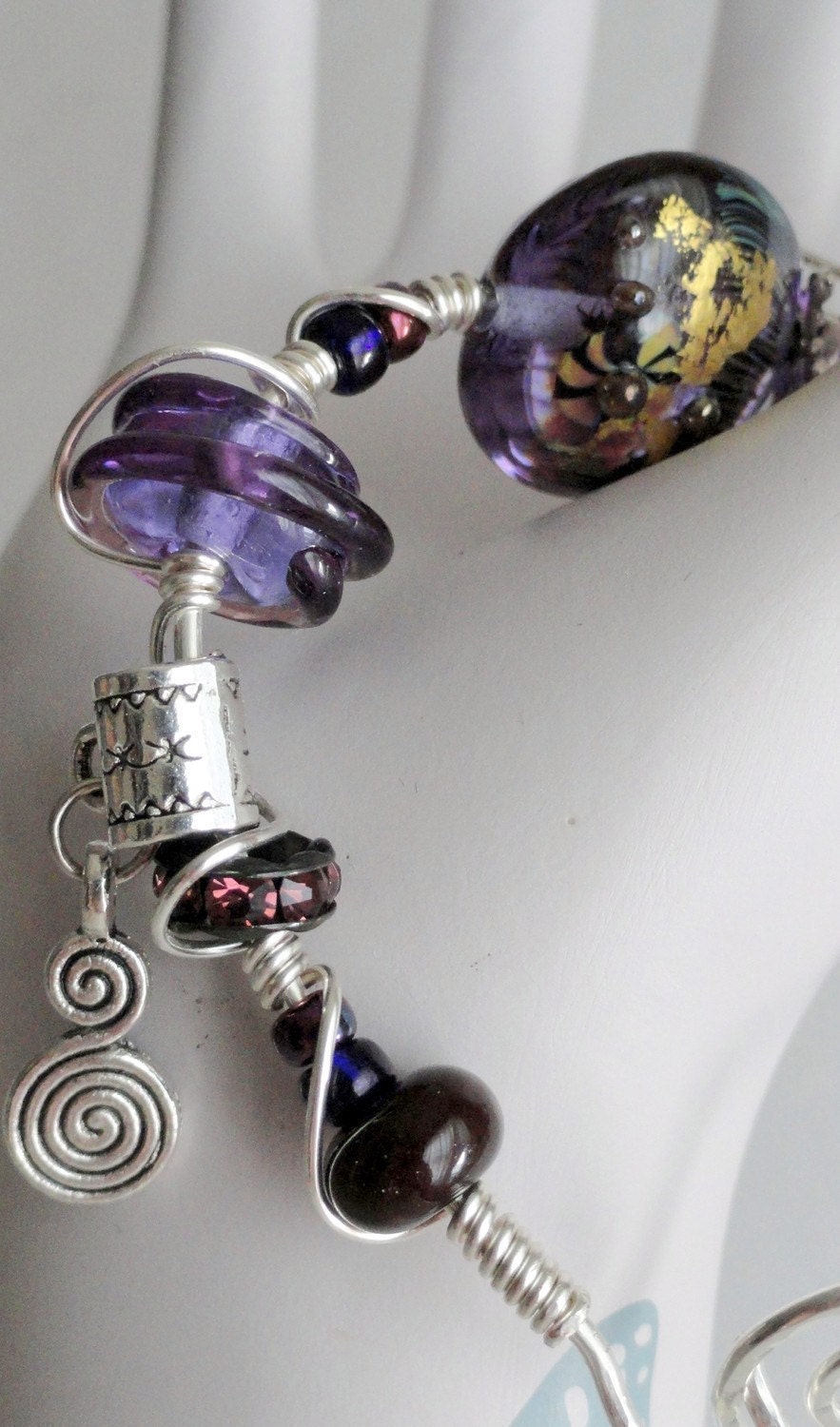 Purple Passion  artisan lampwork bead wire wrapped sterling silver bracelet