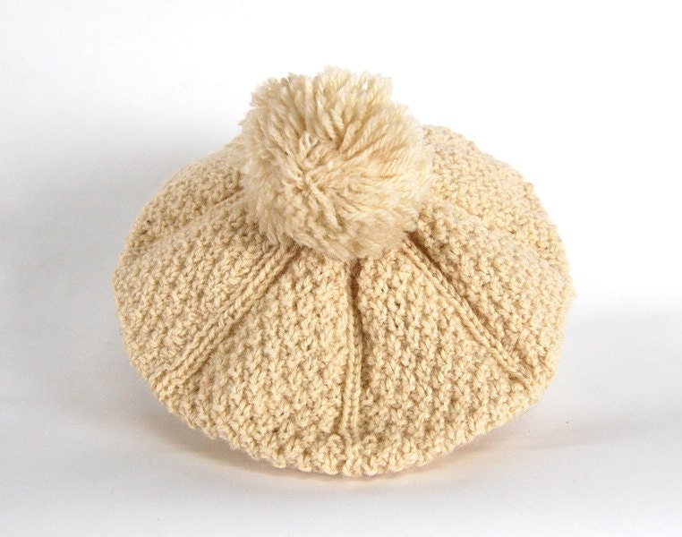 Vintage Ivory Beret Style Cute Pom Knit Winter Hat