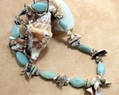 Amazonite, MOP, Green Curly Shell Necklace - Curled Up by the Sea