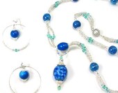 Necklace and Earrings Green w Blue Glass Beads - Mood Indigo