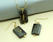 Tiger Iron Gemstone Necklace and Pierced Earrings Brown and Gold