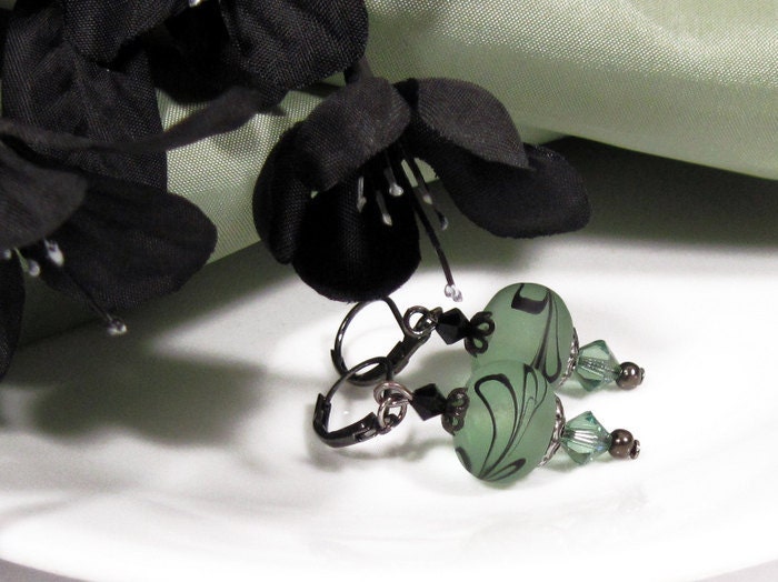 Soft Green Lampworked Glass Earrings w Black Swirl - Erin