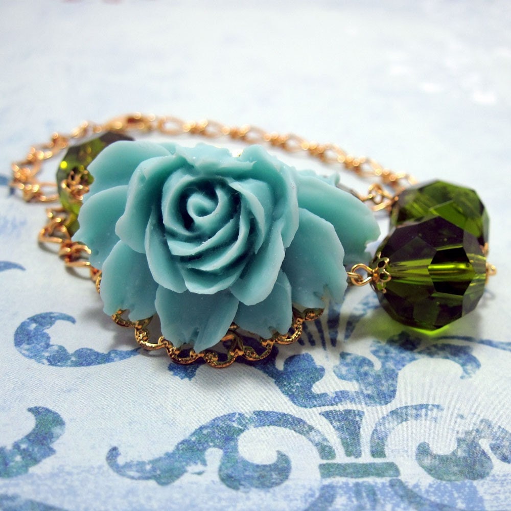 Neo-Victorian Necklace w Aqua Flower and Chunky Green Beads  - Garden FantaSea