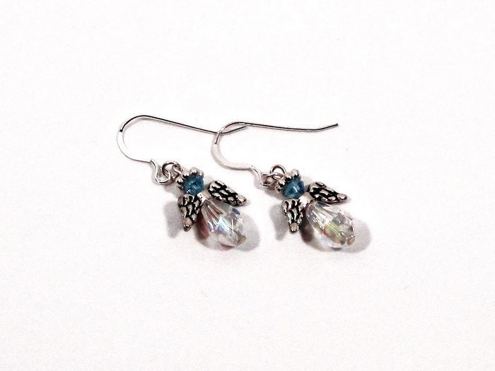 Birthstone Angel Earrings Personalized w Swarvoski Crystals - March's Angel