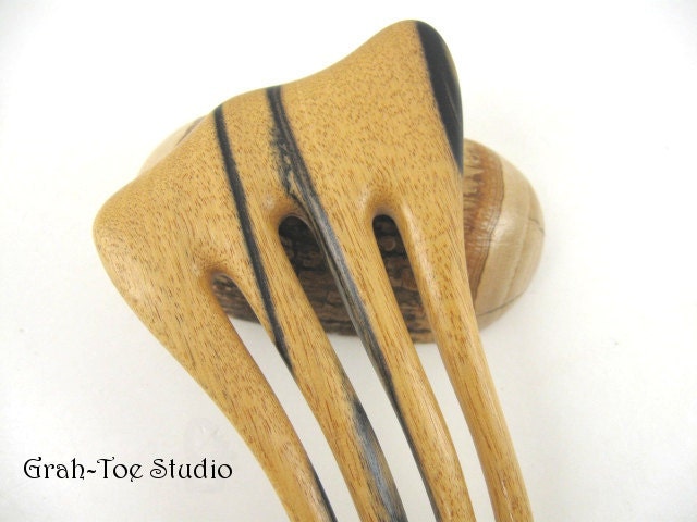 Black and White Ebony Wood Hair Fork 4 Prong Grahtoe Handmade Mini