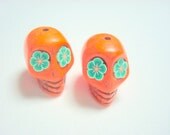 Orange Howlite Sugar Skull Beads with Green Flower Eyes