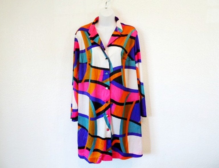 1960s Rainbow Shirt Dress Gown Vanity Fair Tunic  Robe Summer Dress M/L